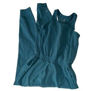 Athleta Girl's Hop Skip And A Jumpsuit Teal Long Romper 12 Athletic Pockets
